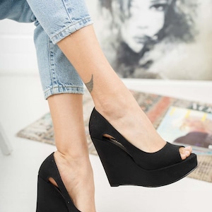 BLACK WEDGE HEELS, Suede Leather Heels, Black Platform Shoes, Versatile ...