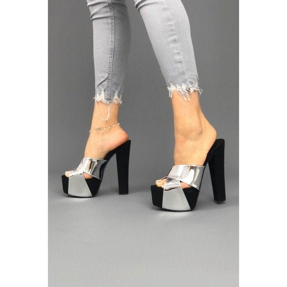 black and silver platform heels
