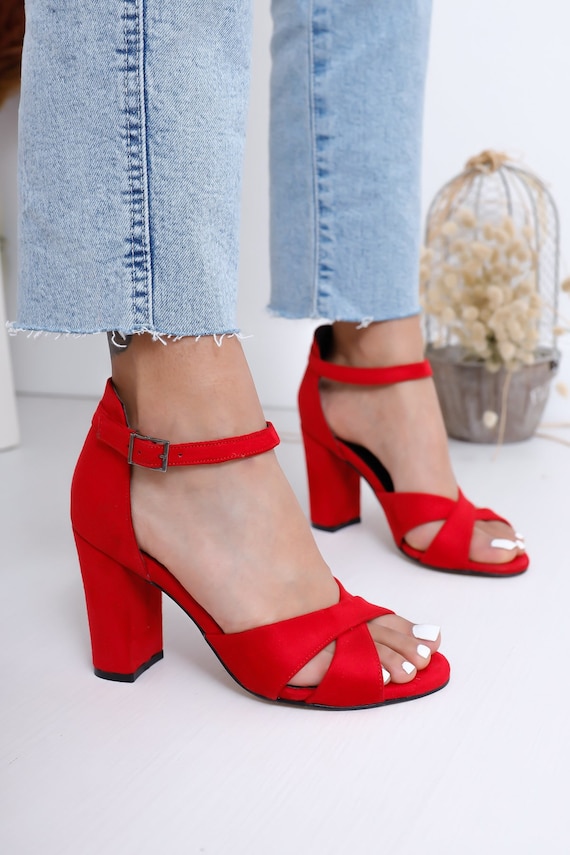 Red Croc Block Heel Sandals | New Look