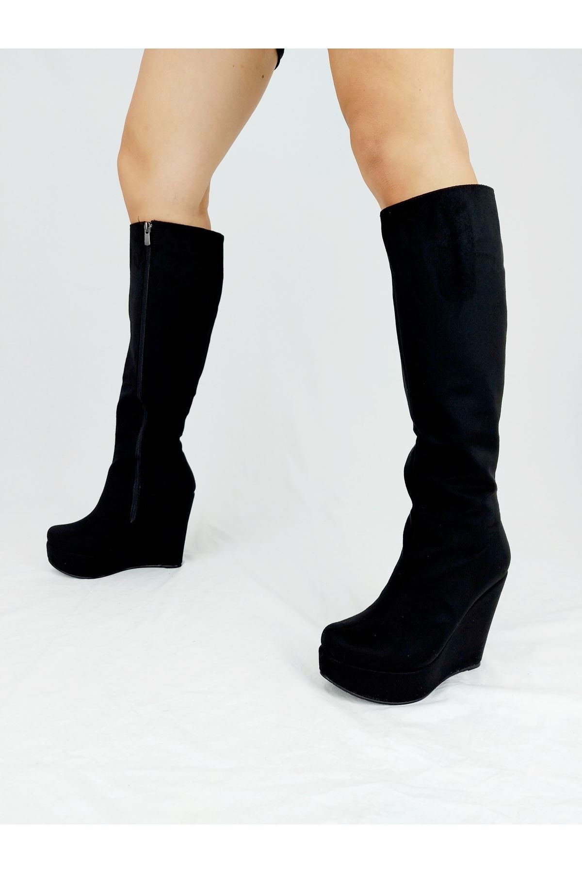 black suede wedge knee high boots