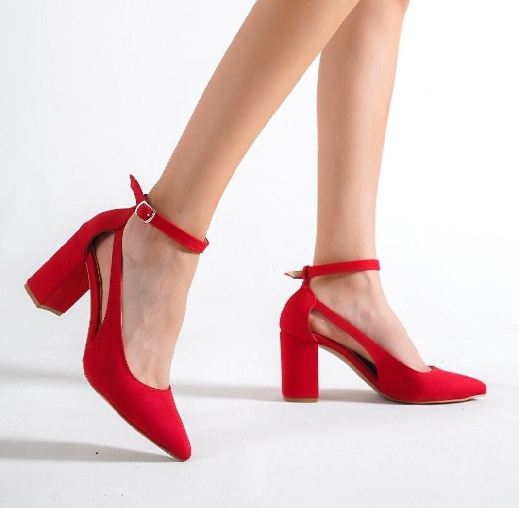 Amazon.com | Women's Ankle Strap Low Block Chunky Heels Pumps Closed Round  Toe Dress Office Work Church Wedding Shoes Suede Red 36-5.5US | Shoes