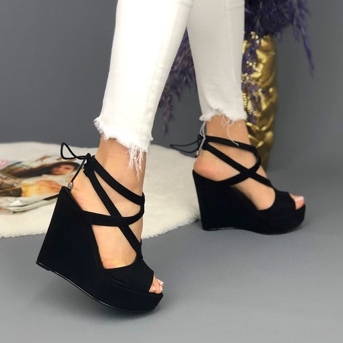 BLACK WEDGE HEELS Criss Cross Strap Sandals Suede Leather - Etsy