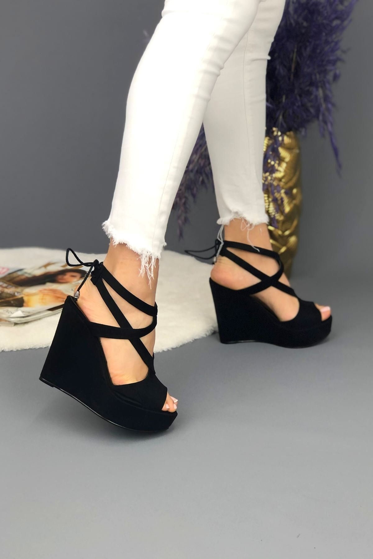 black wedge heels ankle strap