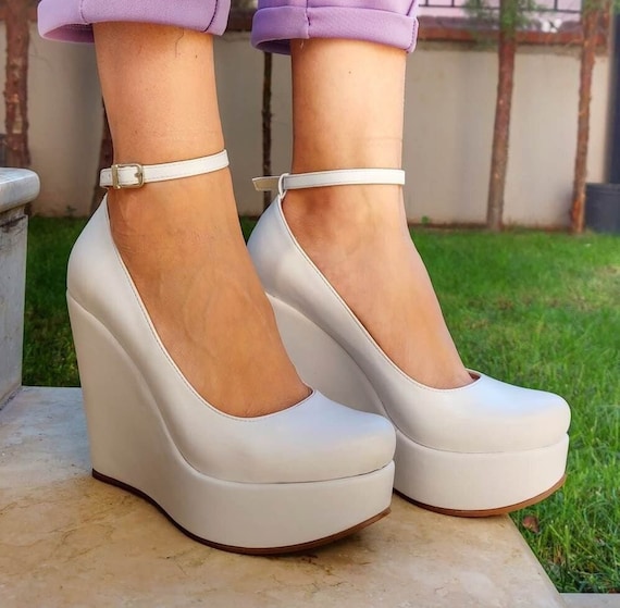 Shiny White Ribbon Wedge Bridal Shoes | Tajna Shoes – Tajna Club