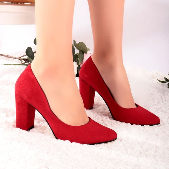 RED BLOCK HEELS, Red Wedding Shoes, Suede Shoes, Aesthetic High