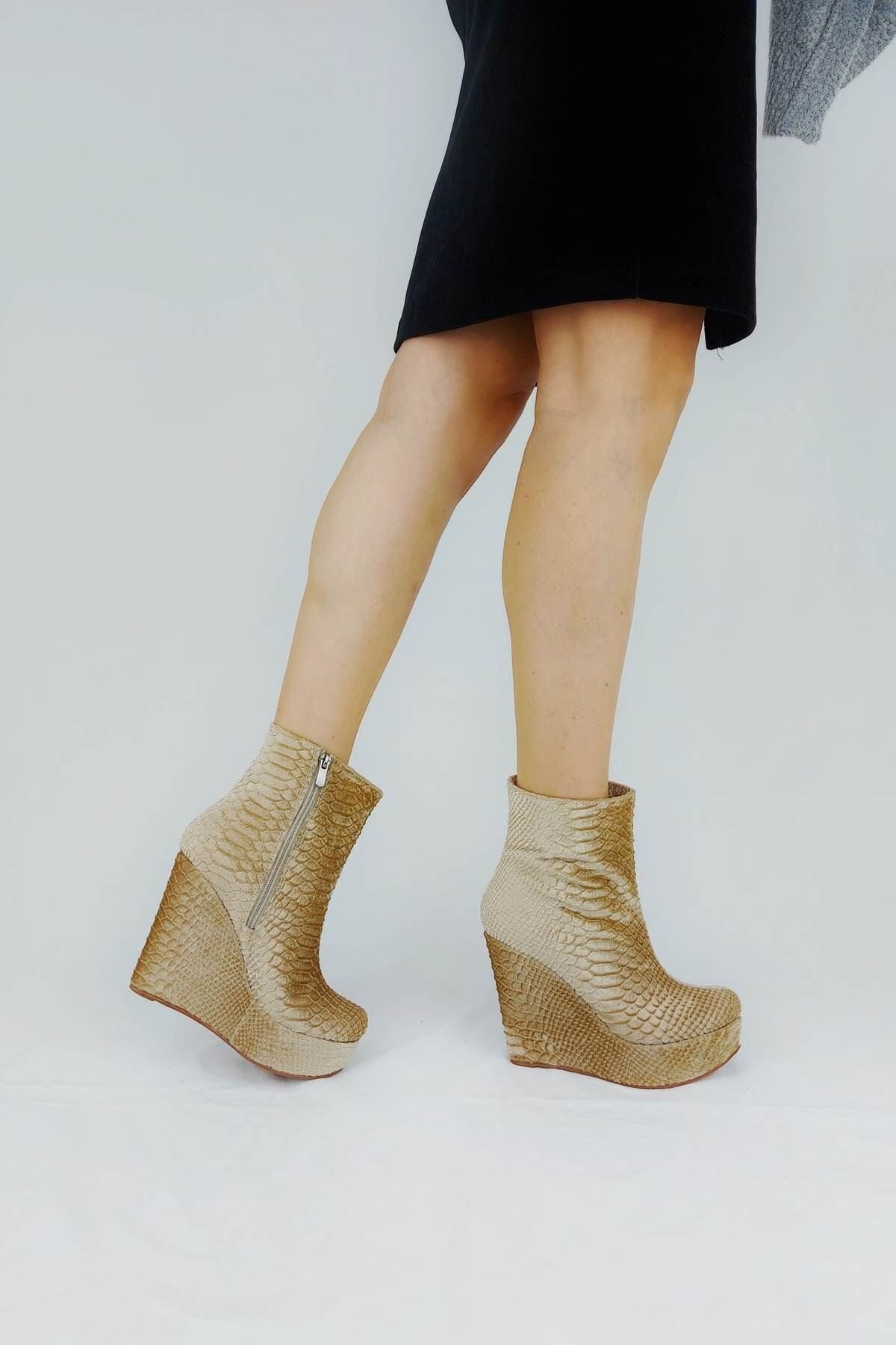 CREAM WEDGE BOOTS Velvet Leather Boots 