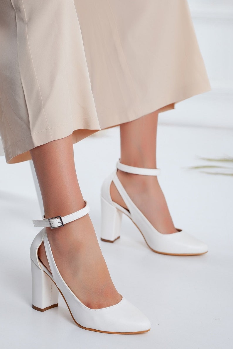 UNIQUE WHITE SHOES, Wedding Heels, White Ankle Bridal Shoes, Handmade White Vegan Leather Shoes, Wedding Stripe Bridal Shoes, Gift for Her