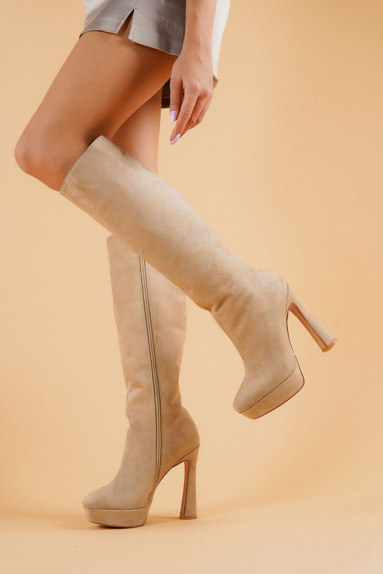CREAM PLATFORM BOOTS Knee High Boots Suede Leather Boots Etsy