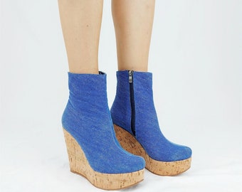 Blue Denim Boots Wedge Heels 