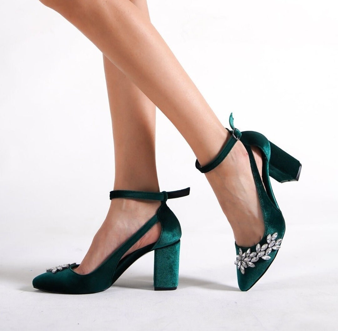 GREEN VELVET SHOES Green Velvet Bridal Rhinestone Heels Etsy