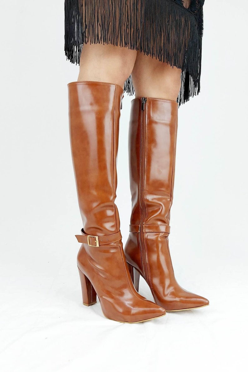 knee high brown leather boots with heel
