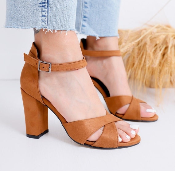 High Heels for Women sandals with Open Toe Chunky Heels Sandal Portable  hook&loop Ankle Strap Evening Wedding Dress Shoes Party, Brown, 9 price in  Saudi Arabia | Amazon Saudi Arabia | kanbkam