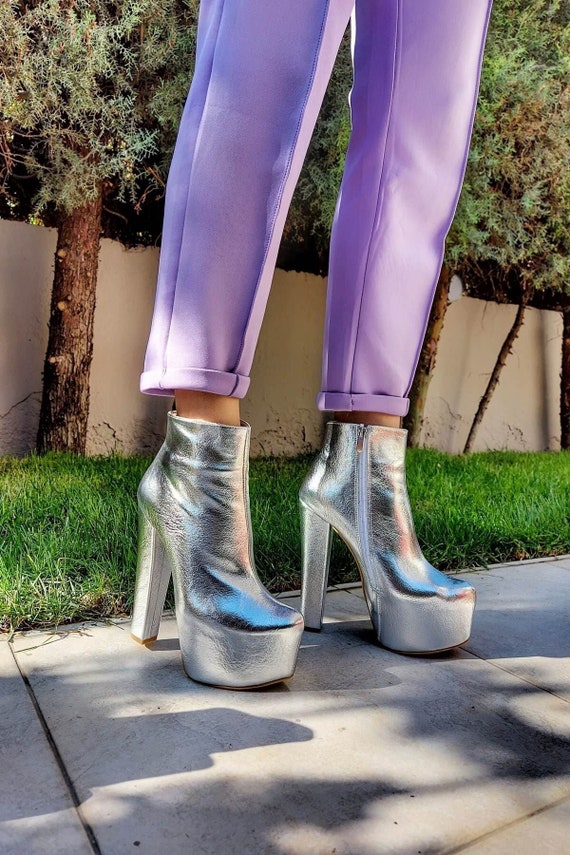 éxtasis cocina doblado SILVER PLATFORM BOOTS Leather Ankle Boot Platform Heel Boot - Etsy