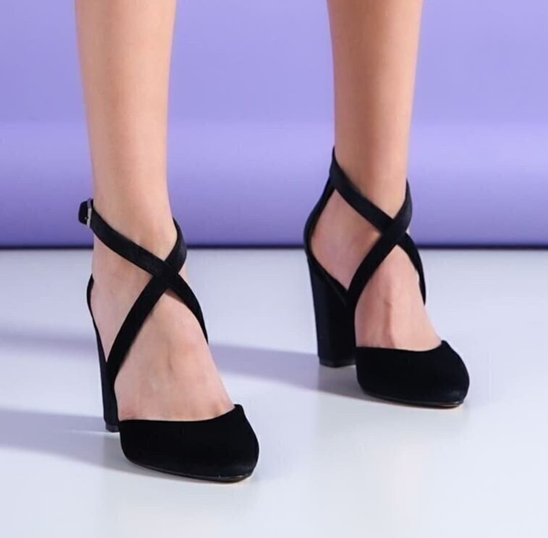 BLACK VELVET HEELS, Black Bridal Block High Heels, Black Velvet Wedding