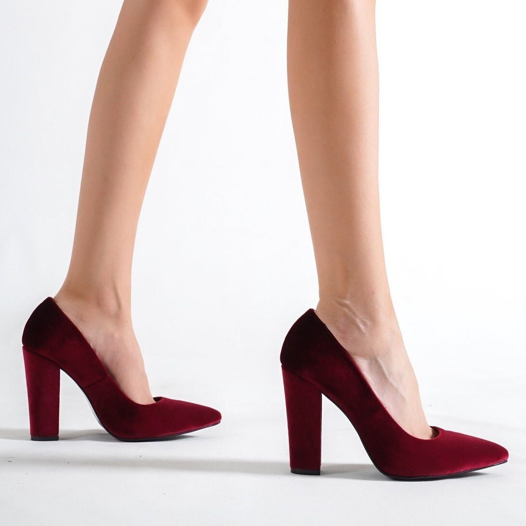 RED VELVET HEELS, Burgundy Bridal Heels, Burgundy Block Heels, Velvet