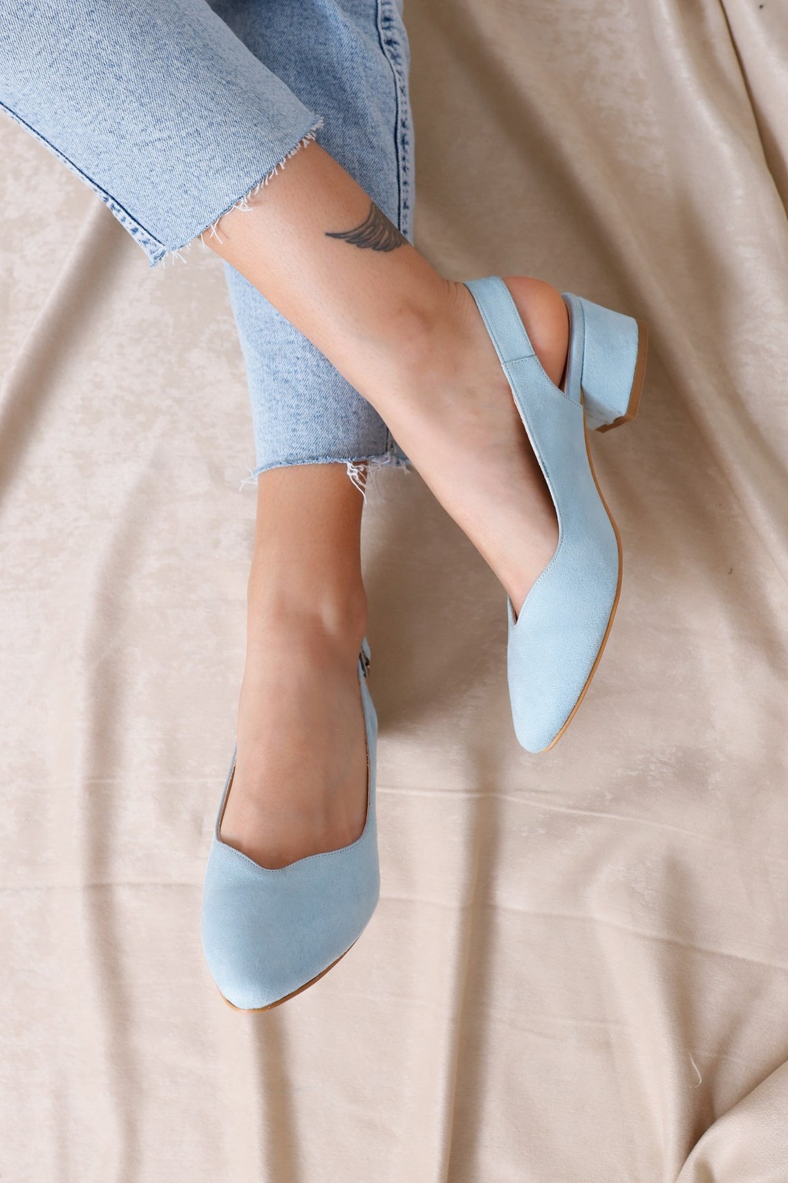 BLUE BRIDAL SHOES Suede Bridal Shoes Baby Blue Block Heel image 2