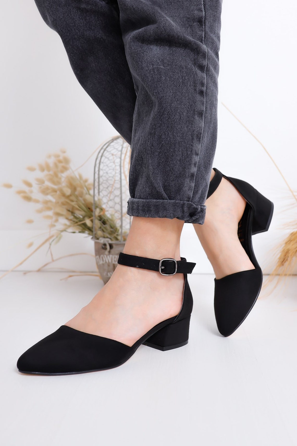 BLACK SUEDE SHOES Low Heels Black Low Heels Pumps Boho Etsy