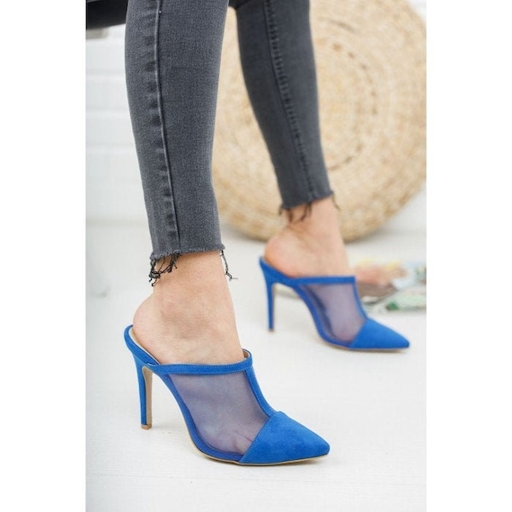 SAX BLUE Strap Point Toe High Heels 10 