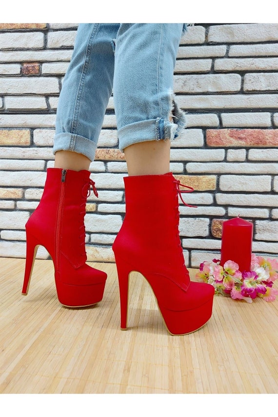 RED PLATFORM BOOTS Suede Leather Ankle 