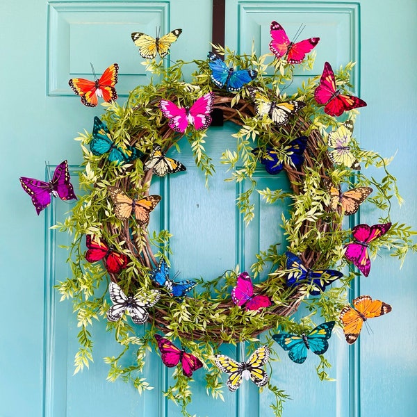 Butterfly Wreath for Front Door, Spring Summer Wreath, Colorful Wreath, Year round Wreath, Entryway Wreath, Mother’s Day gifts, Home Deco