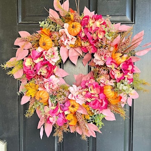 Fall pink wreath, Pink lover, Colorful pink and orange pumpkin front door decor,Autumn decor, unique fall design, housewarming birthday gift