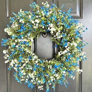 Summer Blue and White Wildflower Wreath for Front Door, Colorful Year Round Wreath, Mothers Day gift, Housewarming gift, Birthday gift