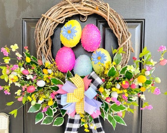 Easter Egg Wreath for Front Door, Floral Spring Easter Wreath, Colorful Easter Decorations, Spring Wreath, Happy Easter, Housewarming gift