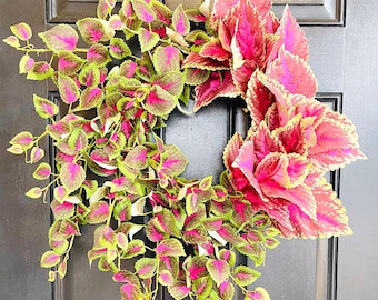 Foliage Wreath For Front Door,  Year Round Red and Green Coleus Leaf Wreath, All Season Wreath, Cottagecore Aesthetic, Housewarming gift