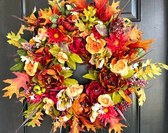 Fall rustic wreath for the front door, Natural Peony and Magnolia Fall elements, perfect for the entire fall season, Thanksgiving farmhouse