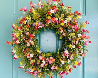 Colorful Spring Summer Wreath for Front Door, Multicolor Spring to Summer, Wildflower Year Round Wreath, Mothers Day gift, Housewarming gift