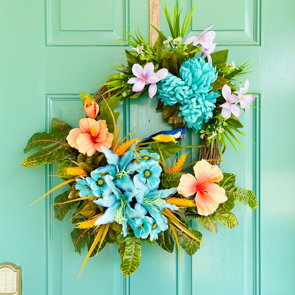 Colorful Tropical Summer wreath for Front Door, Wildflower Hawaiian wreath, Hawaii decoration, Mother's Day Gifts, Housewarming gift, Summer