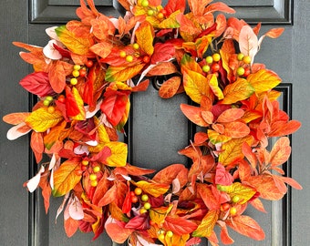 Festive Fall Foliage Wreath For Front Door, red and orange Fall Season Wreath, Laurel Leaf Wreath With Berries, Thanksgiving Harvest Wreaths