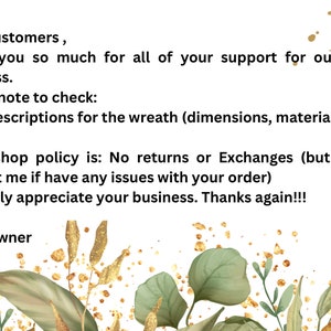 Pode incluir: Texto sobre um fundo branco com um design floral. O texto diz: "Estimados clientes, Muito obrigado pelo seu apoio ao nosso pequeno neg&oacute;cio. Observe para verificar: &bull; As descri&ccedil;&otilde;es para a coroa (dimens&otilde;es, materiais, etc.) &bull; Nossa pol&iacute;tica de loja &eacute;: Sem devolu&ccedil;&otilde;es ou trocas (mas por favor entre em contato comigo se tiver algum problema com seu pedido) Realmente apreciamos seu neg&oacute;cio. Obrigado novamente!!! Mai - Propriet&aacute;rio"