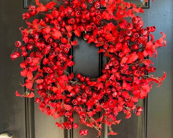 Classic Holly Leaves and red berries Christmas Wreath for Front Door, Christmas Gifts, Holiday Decor Wreath, Christmas Decor, Red Christmas