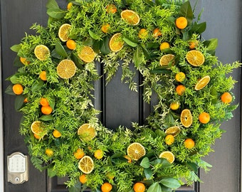 XL Tangerine wreath, Spring to Summer Orange Wreath for Front Door, Citrus Greenery Decor, Kitchen Decor, California tangerine, gifts