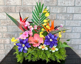 Birds of paradise dual-sided tropical arrangement for dining table, faux silk clematis and hibiscus, orchid summer centerpiece, gifts