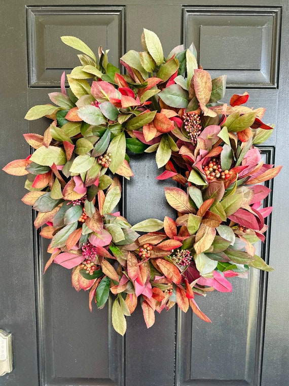 Festive Fall Foliage Wreath For Front Door, Fall Season Wreath, Rust Colored Laurel Leaf Wreath With Berries, Thanksgiving Harvest Wreaths
