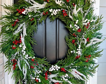 Extra Large 50 inches Real touch Winter Norfolk Pine with Berries Winter Wreath, Winter wonderland decor