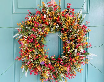 Wildflower Spring Summer Wreath for Front Door, Colorful Spring Summer Year Round Wreath, Mothers Day gift, Housewarming gift, Birthday gift