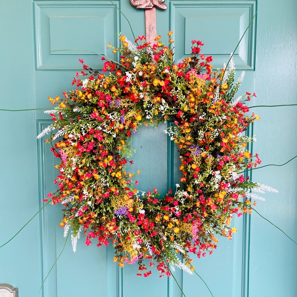 Wildflower Spring Summer Wreath for Front Door, Colorful Spring Summer Year Round Wreath, Mothers Day gift, Housewarming gift, Birthday gift