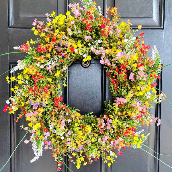 Couronne colorée printemps-été pour porte d'entrée, couronne de fleurs sauvages toute l'année, couronne d'été pour porte d'entrée, cadeau fête des mères, cadeau de pendaison de crémaillère