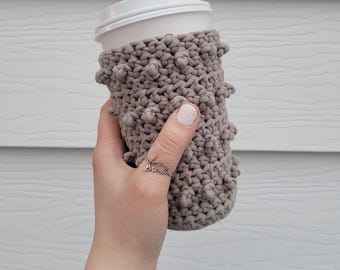 Textured Crochet Coffee Cozy, 16-20oz Clay Gray Cup Sleeve