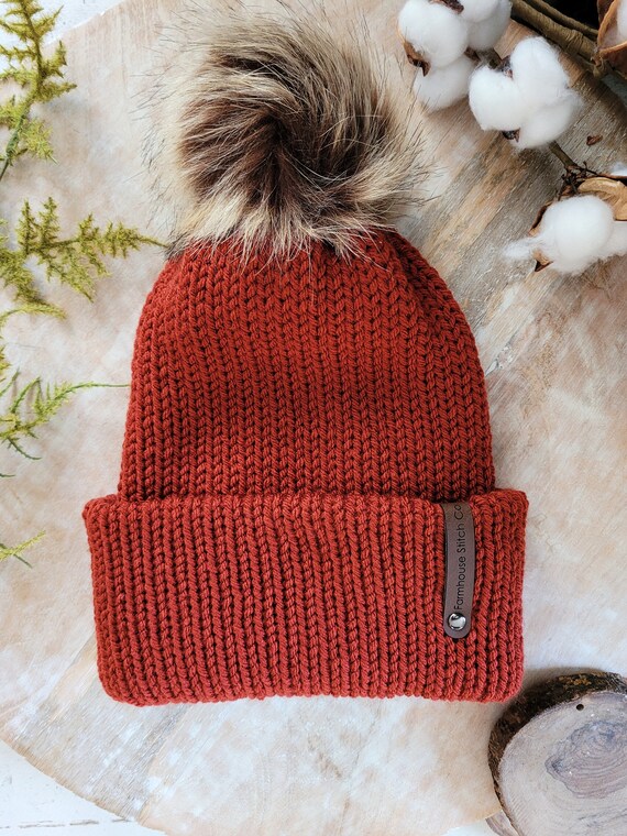 Red Knit Beanie With Faux Fur Pom - Fold Over Style - Etsy display picture 2