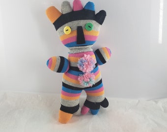 Colorful striped toe sock doll handmade sock doll, Unique art doll, handmade stuffed toy