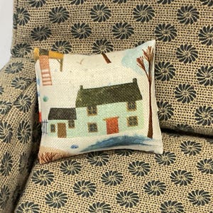 Dolls house cushion (single) with house print 12th scale.