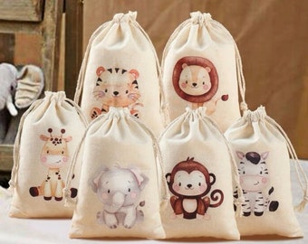 6 Mini Stoffbeutel mit Dschungel Tiermuster - Bonbontüten  Geschenkideen für Kinder  Beutel mit Tierdruck personalisiert  Kindergeburtstag