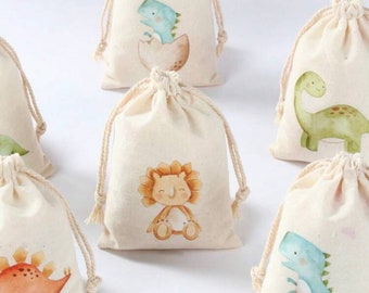 6 Mini Stoffbeutel mit Dino Tiermuster - Bonbontüten  Geschenkideen für Kinder  Beutel mit Tierdruck personalisiert  Kindergeburtstag