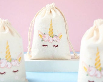 6 Mini Stoffbeutel mit süßen  Einhörnern - Bonbontüten  Geschenkideen für Kinder  Beutel mit Tierdruck personalisiert  Kindergeburtstag