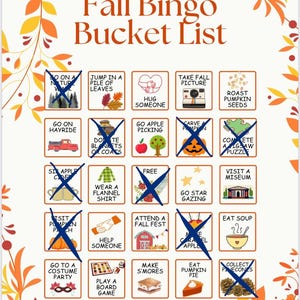 May include: A fall-themed bingo bucket list with a decorative orange and yellow floral border. The list includes activities like "Go on a nature walk," "Jump in a pile of leaves," and "Eat pumpkin pie." The name "Max" is written at the bottom.