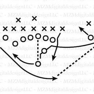 Könnte beinhalten: Ein schwarz-weißes Football-Spieldiagramm mit einer gestrichelten Linie, geschwungenen Linien und Pfeilen. Das Diagramm zeigt die Bewegung der Spieler auf dem Feld. Ein brauner Football ist oben im Diagramm dargestellt.